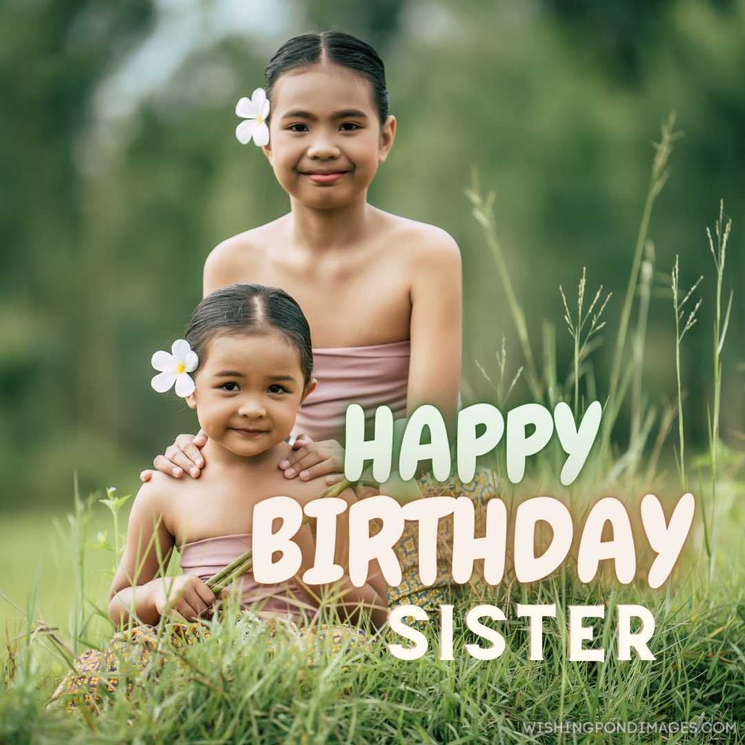 Two lovely sisters and a young sister sitting in a meadow. Happy Birthday Sister Images